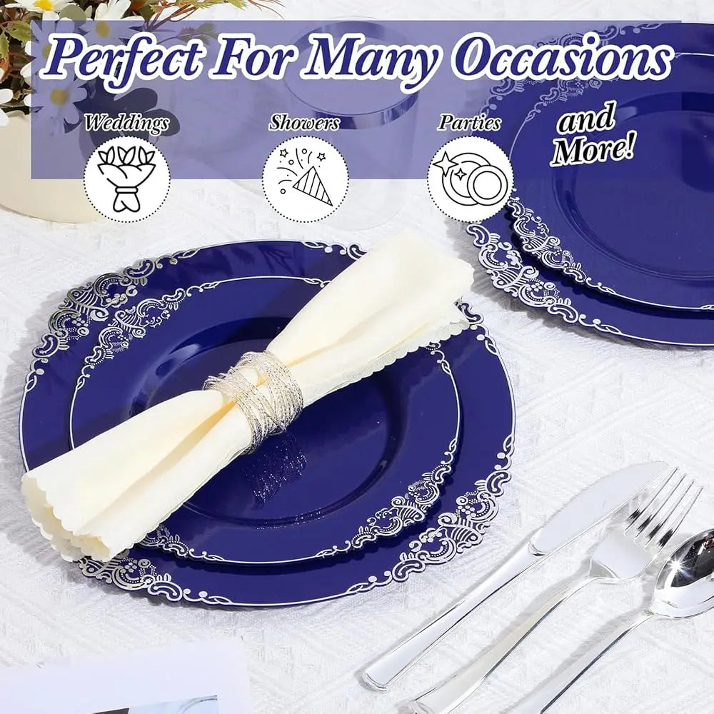300 Pcs Navy Blue Plastic Plates Heavy Duty Blue And Silver Disposable Dinnerware, Lude 50 10. 2"" Dinner Plates, 50 7. Good Vibrations