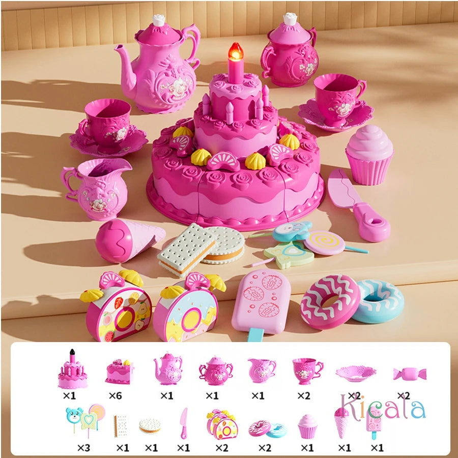 Birthday Cake Toy Play Food Set Realistic Simulation Blowing Candle Kids Pretend Play Dessert Fruit DIY Toy Birthday Gift Good Vibrations