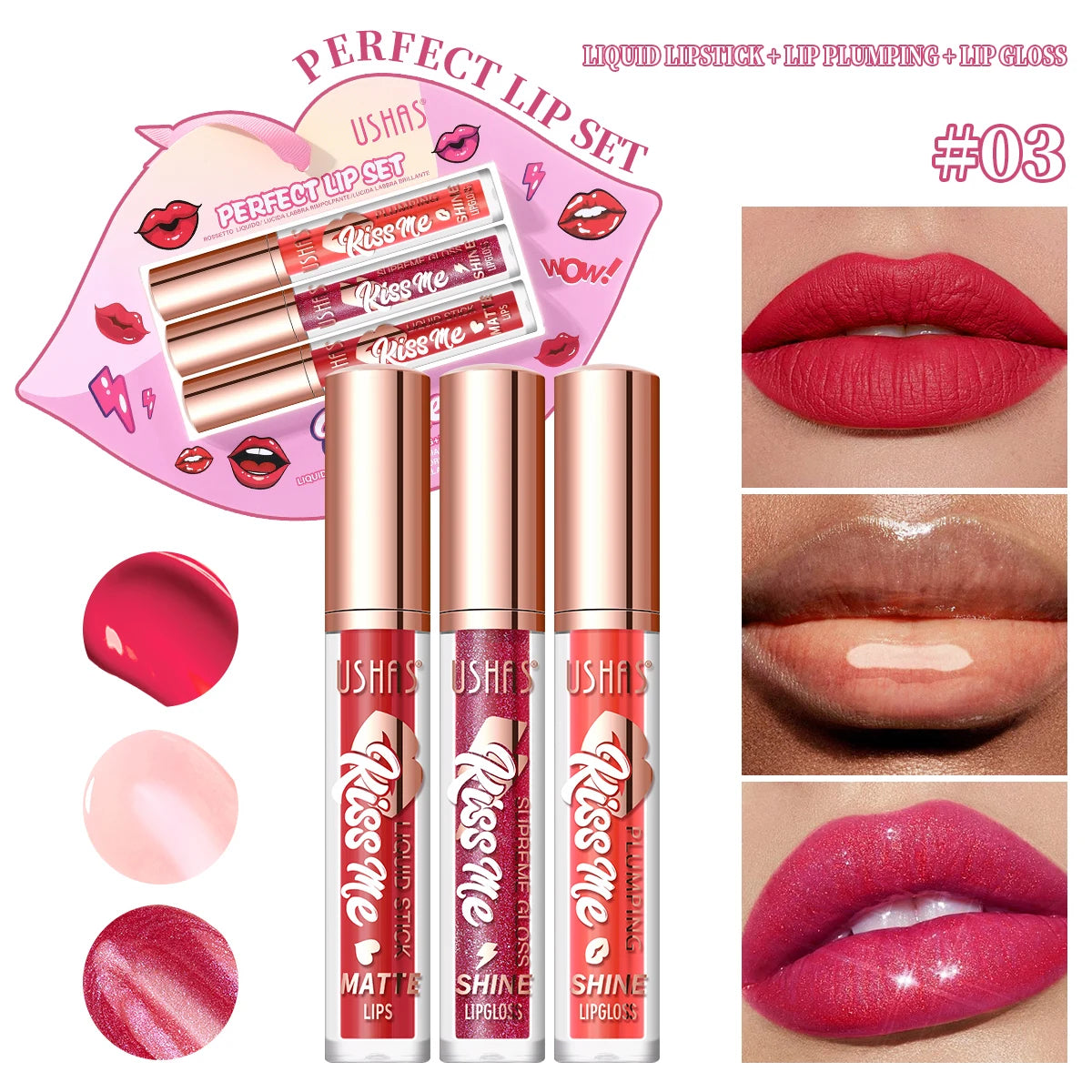 USHAS 3 Pcs/Set Lip Gloss Set, Matte and Glossy Lip Glaze Suit, 3 Different Colors in 1 Set, Perfect Gift for Girls&Women Good Vibrations