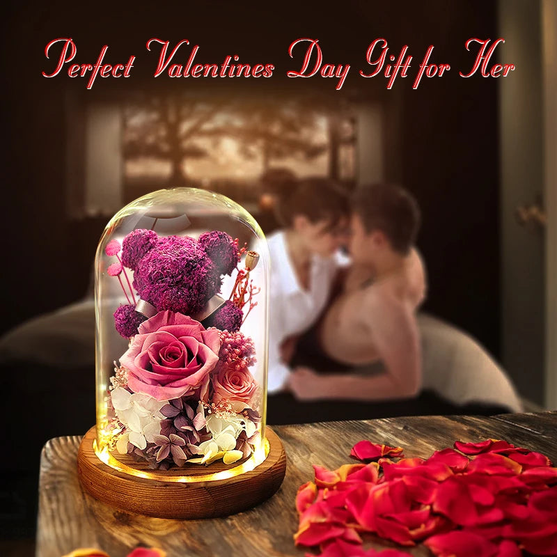 Valentine's Day Gift for Girlfriend Eternal Preserved Rose Flower Gift Box Teddy Bear Eternal Flower with Lights Gift for Women Good Vibrations