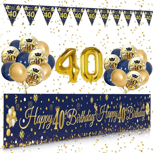 30th/40th/50th/60th/70th Birthday Decorations Men Women Birthday Balloon Garland Kit Happy Birthday Banner Blue Gold Balloon Good Vibrations