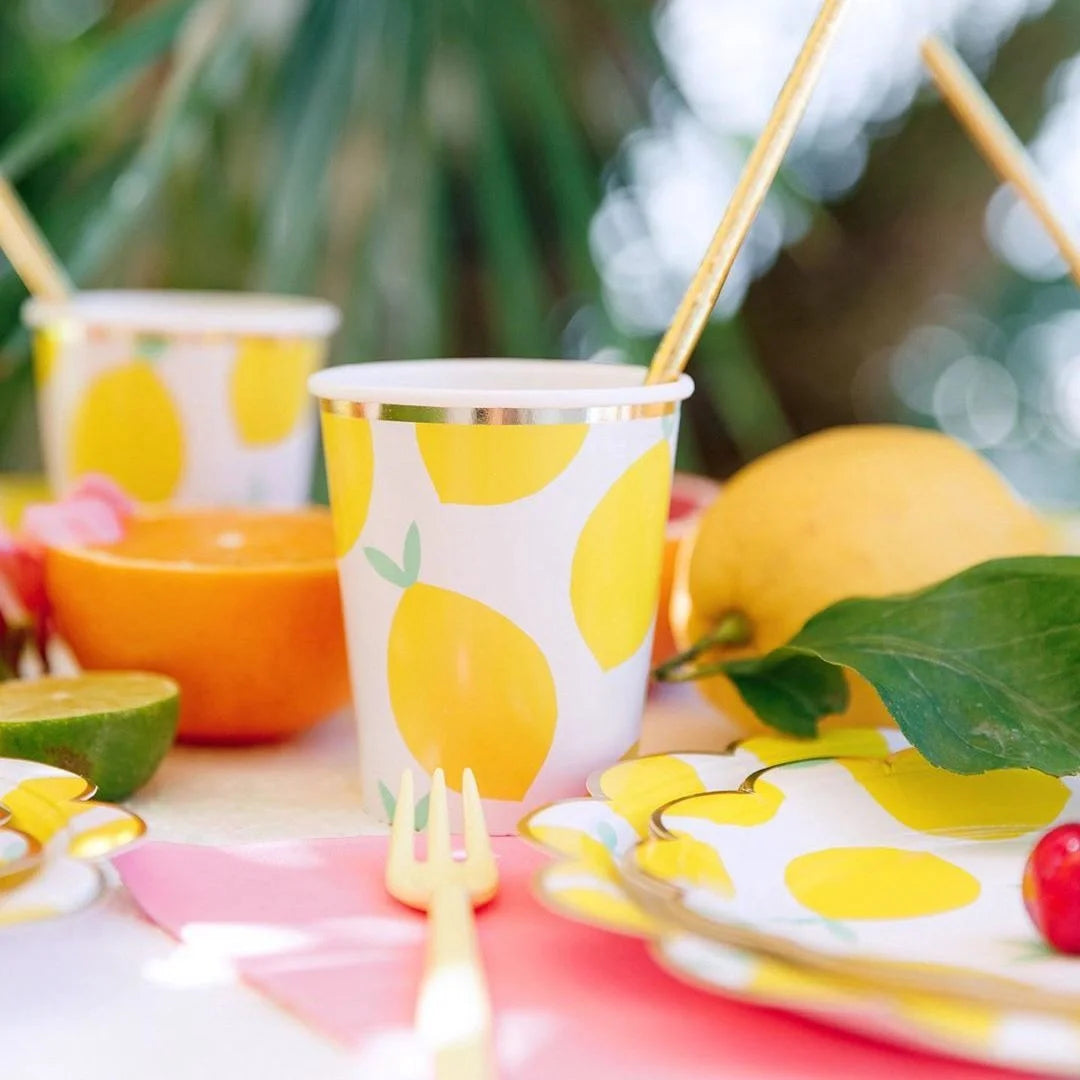 Lemon Disposable Tableware Paper Cups Plates Cake Toppers for Summer Lemon Happy Birthday Pool Party Decoration DIY Cake Supply Good Vibrations