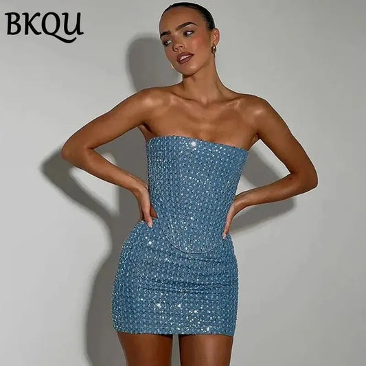 BKQU Women Sequined Denim Two Piece Sets Sexy Strapless Corset Tank Tops and Mini Skirt Sets 2024 Summer Party Nightclub Outfits Good Vibrations Adult Super Store