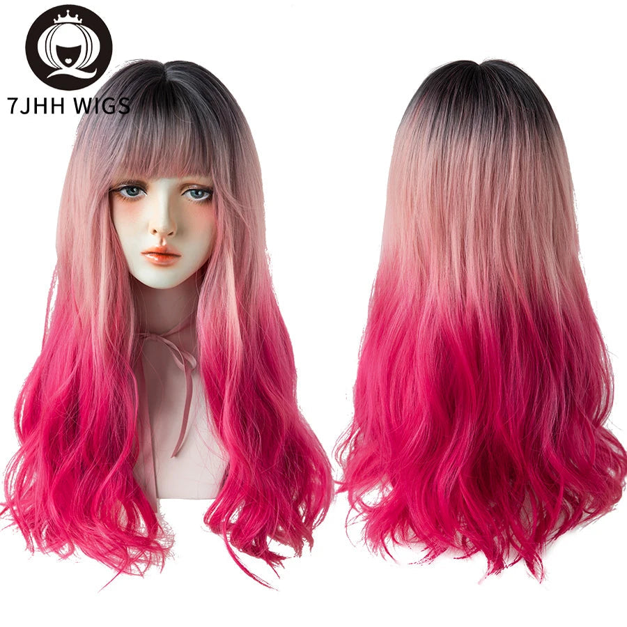 7JHHWIGS Long Wavy Synthetic Black Wigs For Women With Fringe Fashion Heat Resistant Mid-Length Daily Straight Light Brown Hair Good Vibrations