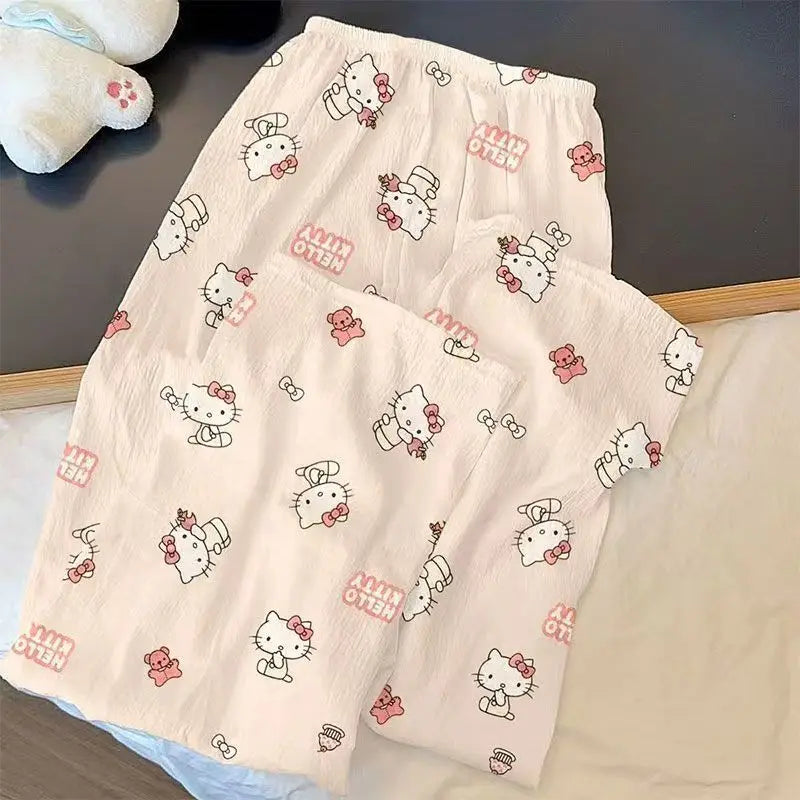 Sanrio Hello Kitty Pure Pajama Pants Wide Kawaii KT Cat Leg Pants Y2K Summer Thin High Waist Casual Trousers Birthday Gifts Good Vibrations
