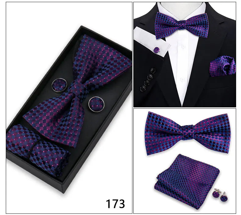 Bowtie For Men Set Gift Box Business Gift Fashion Bow Tie Pocket Square Cufflinks Set Bowtie 3pcs For Wedding Hanky Cravata Neck