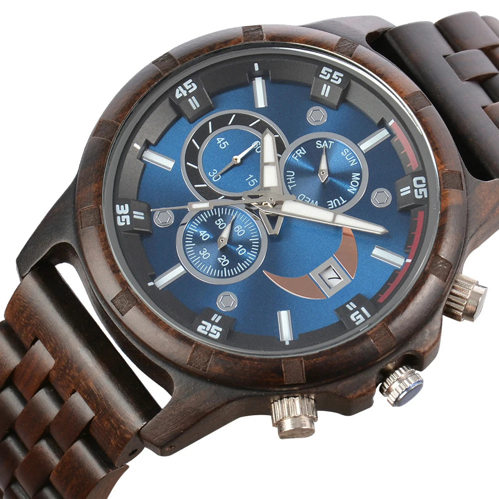 Wooden Wrist Watches For Men Fashion Quartz Wristwatches With Clock Date Week Timepieces Wood Wach Box for Him reloj hombre Good Vibrations
