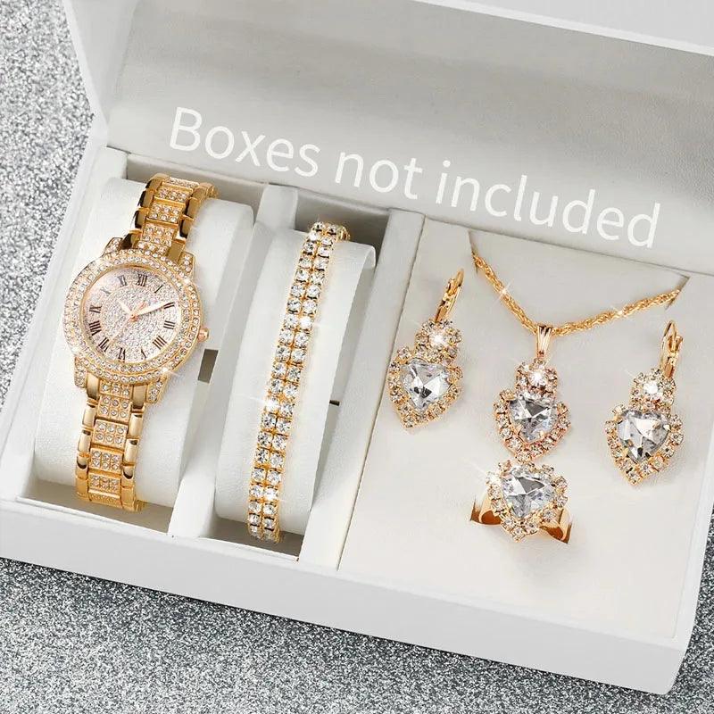6PCS/Set Fashion Full Diamond Women's Watch Gold Steel Band Quartz Watches Diamond Jewelry Set Good Vibrations