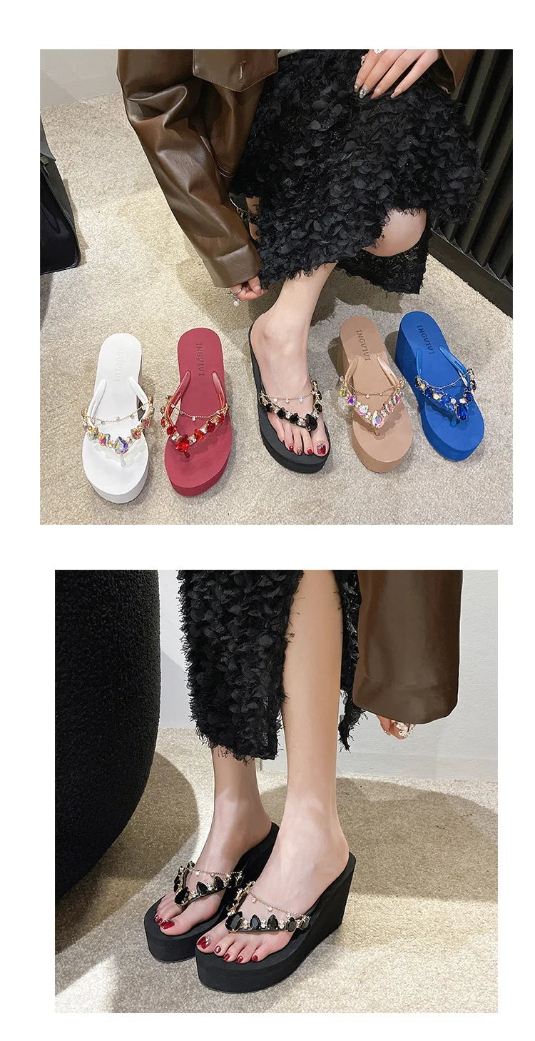 Flip Flops Women New High Heeled Slippers Women Diamond Slope Heel Slippers Elegant Fashion Beach Sandals Womens Sexy Shoes Good Vibrations