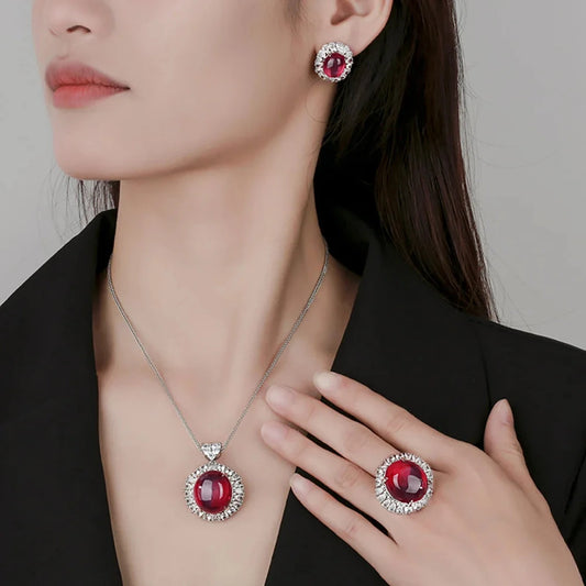 Women's Fine Jewelry Set Retro Lab Ruby Gemstone Necklace Pendant Ring Stud Earrings Wedding Party Accessories Anniversary Gift Good Vibrations Adult Super Store