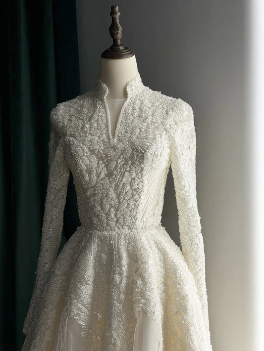 Sharon Said Elegant Luxury Dubai Beading Pearls Long Sleeves V-Neck Wedding Dress Princess Arabic Bride Dress SW518 Customized Good Vibrations