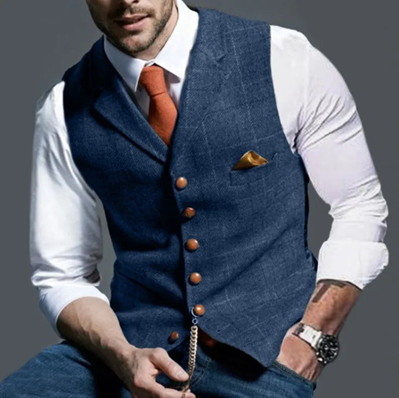 2025 Men's Formal Vests Lapel Tweed Plaid V-neck Waistcoat Slim Vest Business Formal Dress Suit Casual Wedding Tuxedo Male Vest Good Vibrations