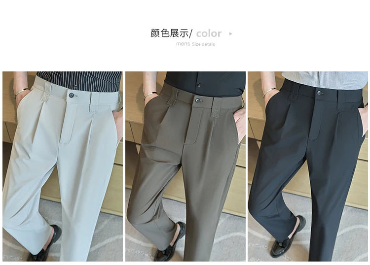 Men Straight Leg Suit Pants Summer Ice Silk Lightweight Elastic Waist Casual Loose Wide-leg Trousers Dress Pants Men Clothing