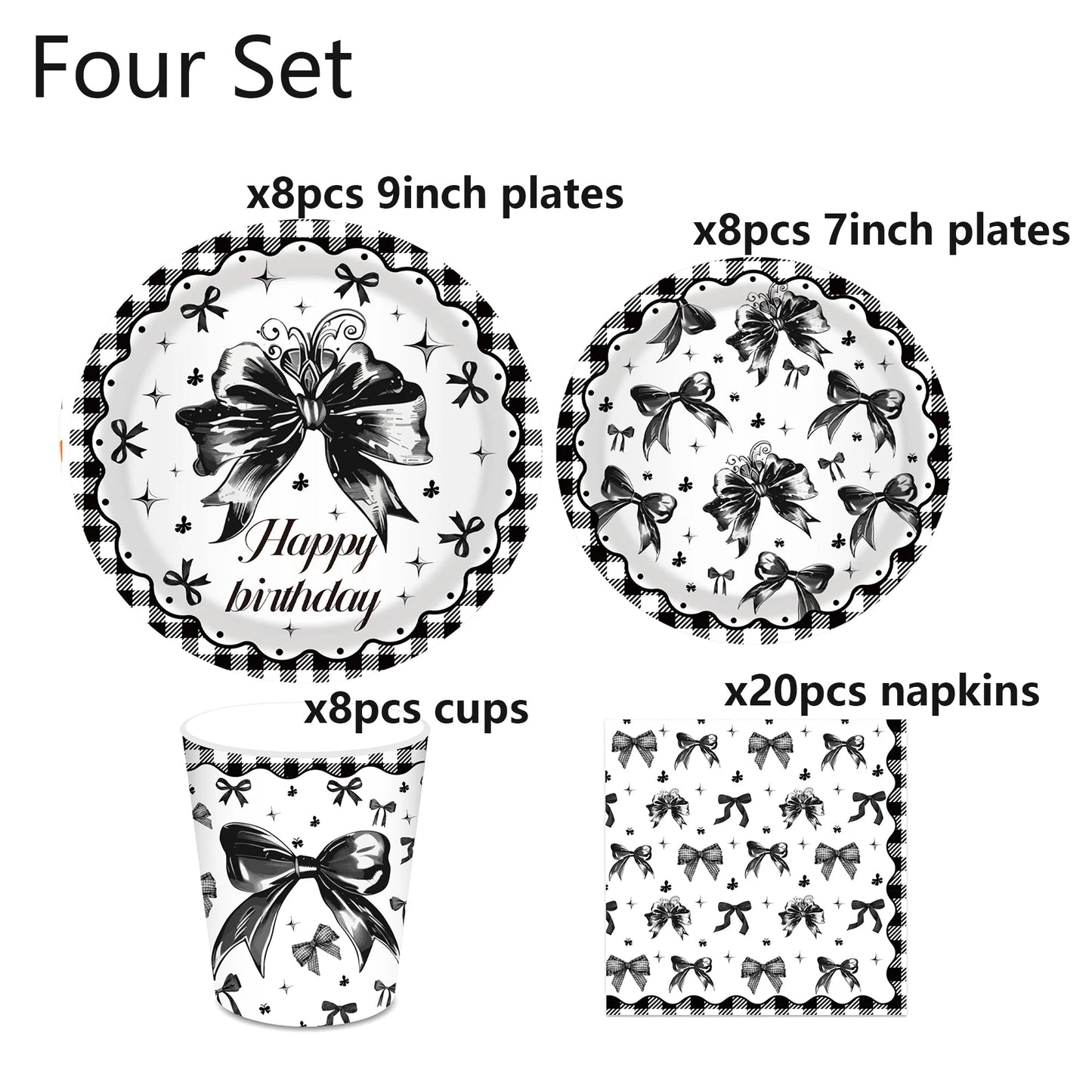 Black Bow Tie Party Disposable Tableware Sets Plates Cups Napkins Tablecloth For Wedding Birthday Party Dinnerware Decoration Good Vibrations