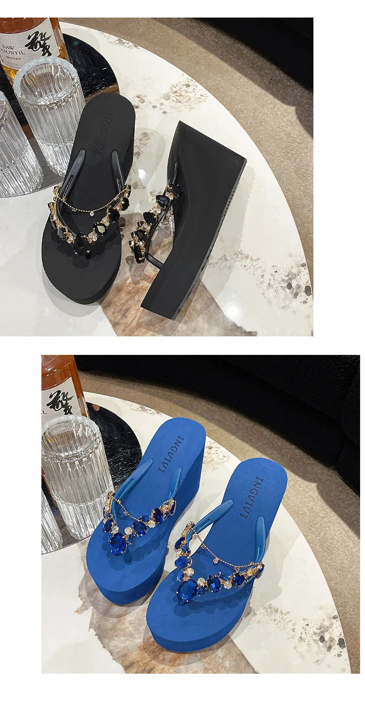 Flip Flops Women New High Heeled Slippers Women Diamond Slope Heel Slippers Elegant Fashion Beach Sandals Womens Sexy Shoes Good Vibrations
