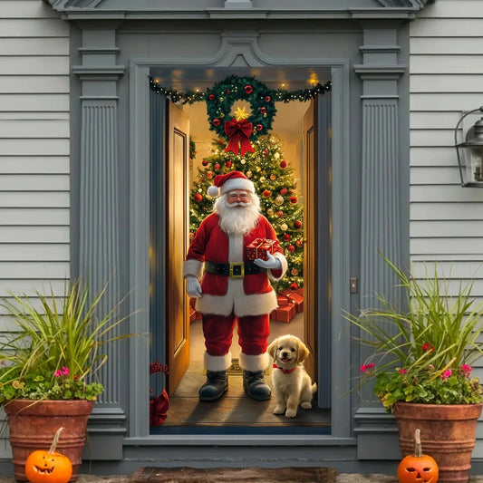Christmas Tree Door Cover and Santa Claus Festive Holiday Decoration, Winter themed photography Versatile Hanging for Entrance Good Vibrations