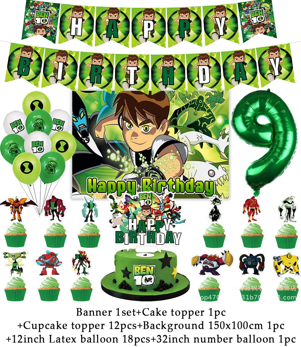 Cartoon Ben-10 Birthday Party Decoration Balloons Favor Set Banner Cake Toppers Baby Shower Boys Gift Party Supplies Photo Prop Good Vibrations