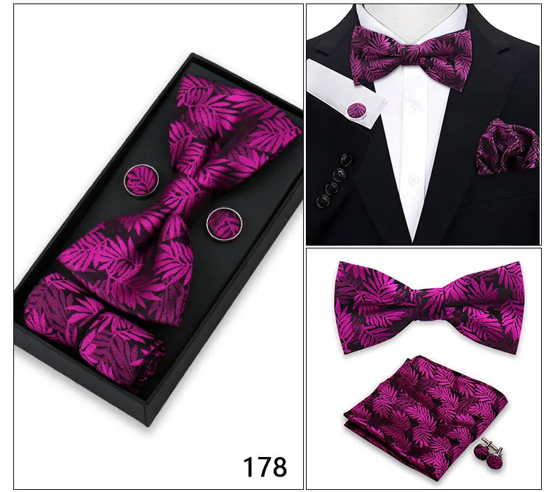Bowtie For Men Set Gift Box Business Gift Fashion Bow Tie Pocket Square Cufflinks Set Bowtie 3pcs For Wedding Hanky Cravata Neck