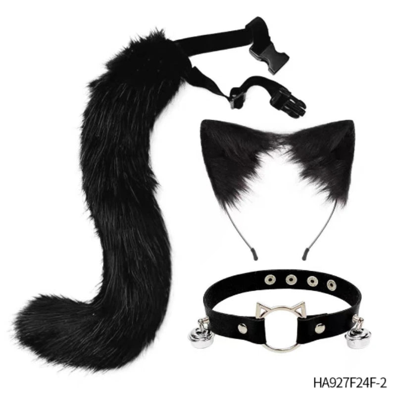 Halloween cosplay costumes contain a furry three-piece set of cat ears and tail neck decorations for party dress-ups Good Vibrations
