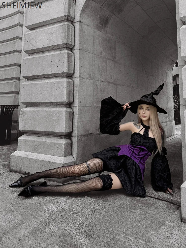 Halloween Witch Costume Role Play Costume Adult Carnival Party Evil Wizard Dress Hat Top Skirt Sleeves Women's Fancy Dress Suit Good Vibrations