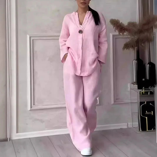 Muslim Sets Women 2 Piece Suit Shirt Wide Leg Pants Outfits 2025 Ensemble Button Lace Up Elastic Waist Blouse Straight Trousers Good Vibrations