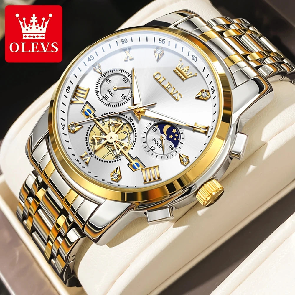 OLEVS Men's Watches Classic Multifunctional Fltwheel Chronograph Original Quartz Wristwatch Moon Phase 24 Hour Waterproof reloj Good Vibrations