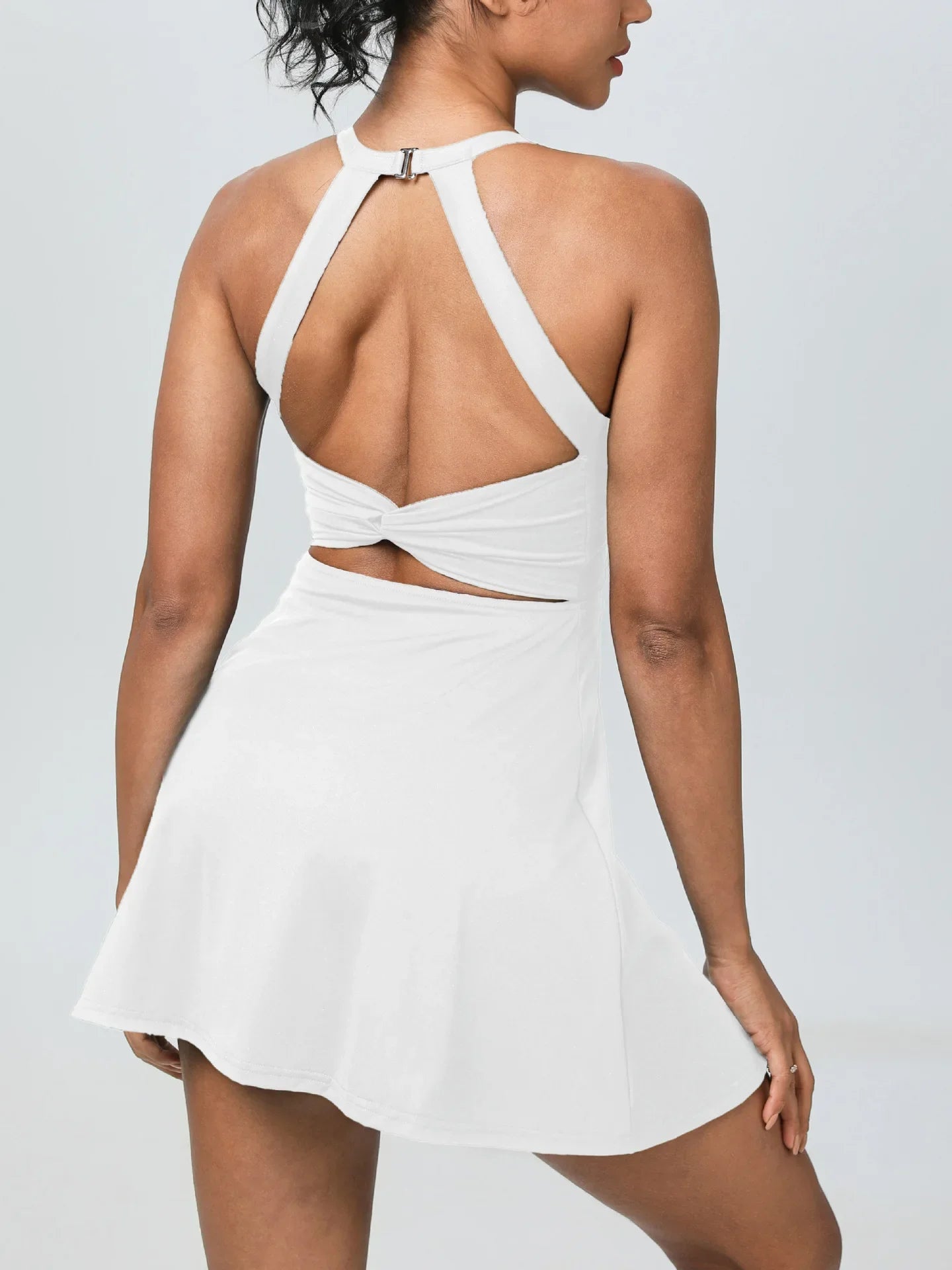 Airy Backless Twisted Cool Touch Dance Active Dress Workout Tennis Dress with Built in Shorts and Bra Golf Exercise Activewear Good Vibrations
