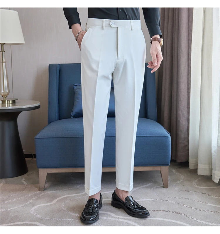 Men Suit Pants 2025 Elastic Slim Fit Formal Dress Pants Solid Casual White Trousers Pantalon Homme Wedding Party Men Clothing Good Vibrations