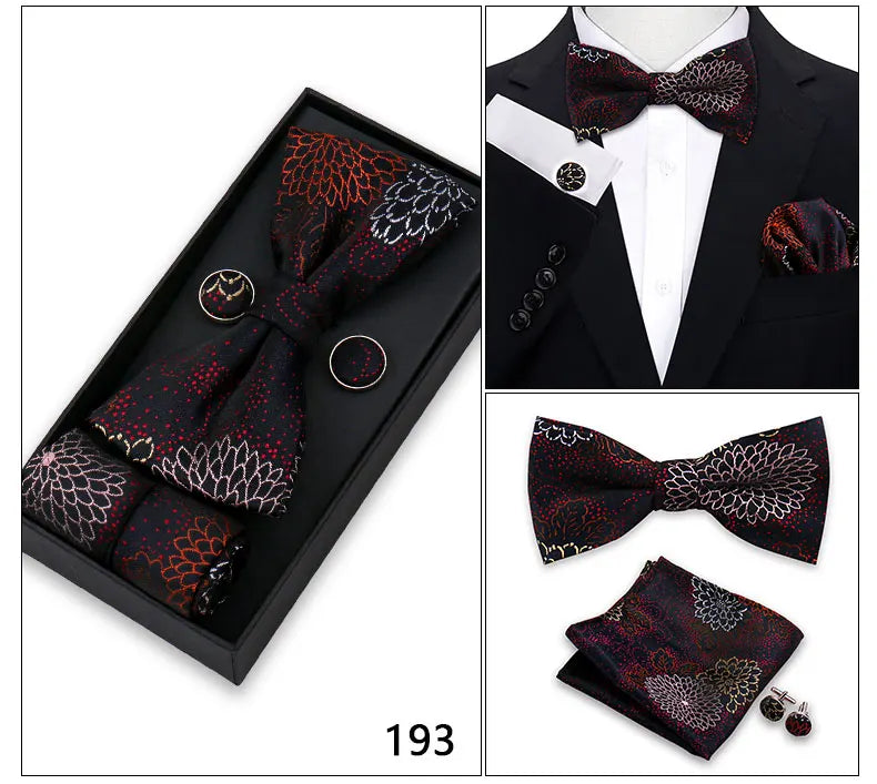 Bowtie For Men Set Gift Box Business Gift Fashion Bow Tie Pocket Square Cufflinks Set Bowtie 3pcs For Wedding Hanky Cravata Neck Good Vibrations