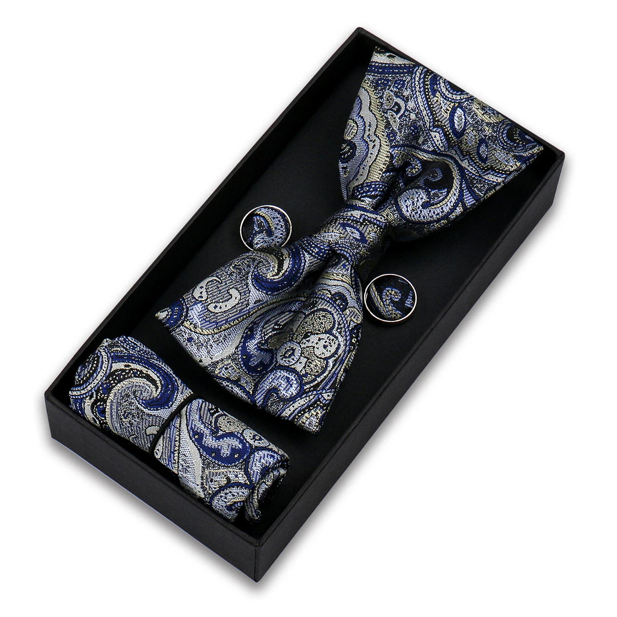 Bowtie For Men Set Gift Box Business Gift Fashion Bow Tie Pocket Square Cufflinks Set Bowtie 3pcs For Wedding Hanky Cravata Neck Good Vibrations