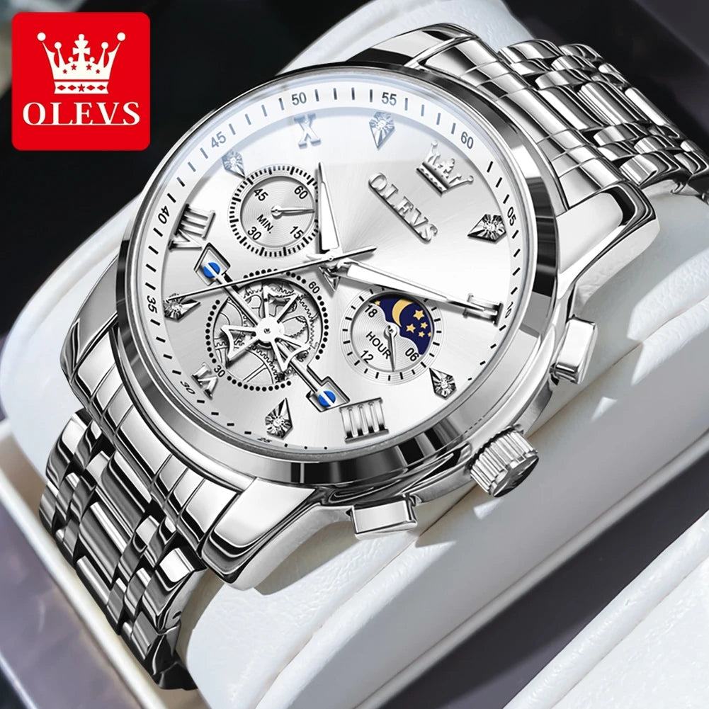 OLEVS Men's Watches Classic Multifunctional Fltwheel Chronograph Original Quartz Wristwatch Moon Phase 24 Hour Waterproof reloj Good Vibrations