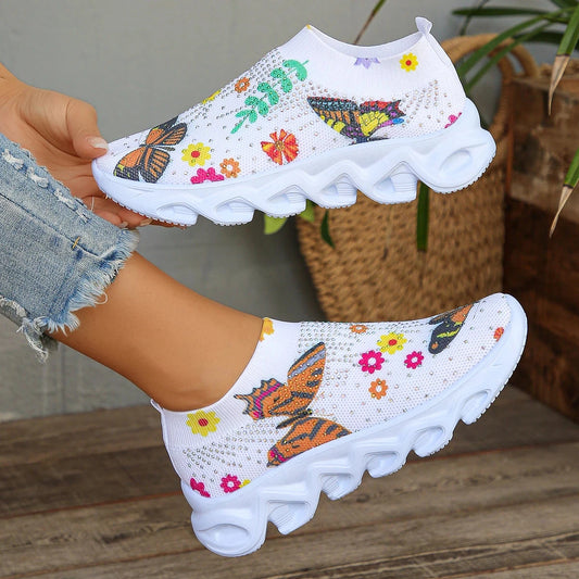 Fashion Crystal Butterfly Knitted Sneakers Shoes Woman Summer 2024 Breathable Mesh Slip On Platform Casual Flats Women Tennis Good Vibrations