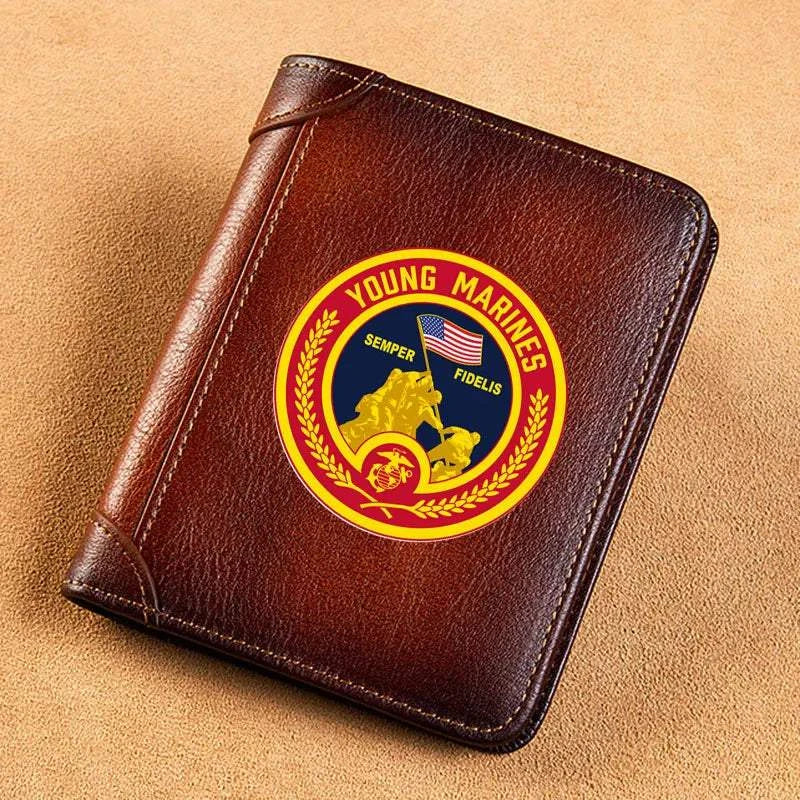 High Quality Genuine Leather Men USA FBI Department Of Justice Printing Cover Short Card Holder Purse Luxury Brand Male Wallet Good Vibrations