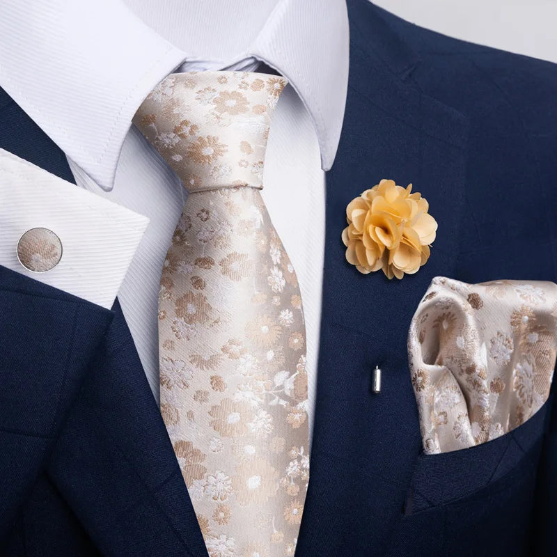 Luxury Mens Ties Floral Black Gold Ties Paisley NeckTie Pocket Square Cufflinks Brooch Set Men's Wedding Party Tie Good Vibrations