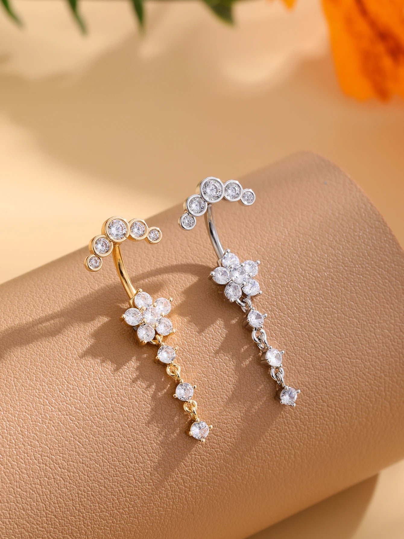 Gold Color Stainless Steel Belly Button Ring Long Dangled Flower CZ Crystal Navel Belly Piercing Rings for Women Sexy Jewelry Good Vibrations Adult Super Store