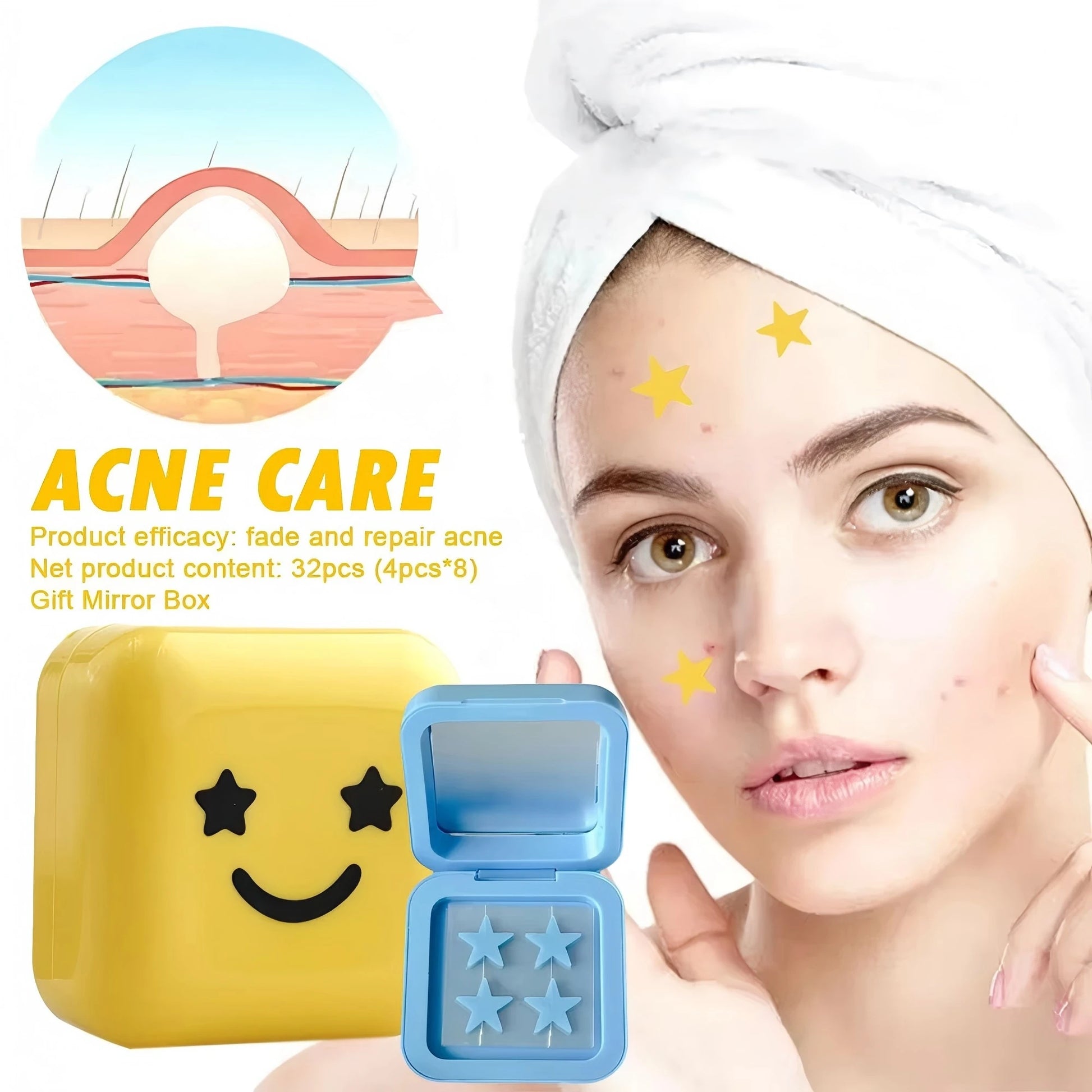 Woman with acne on face, acne care product packaging, and mirror box with smiley face design.