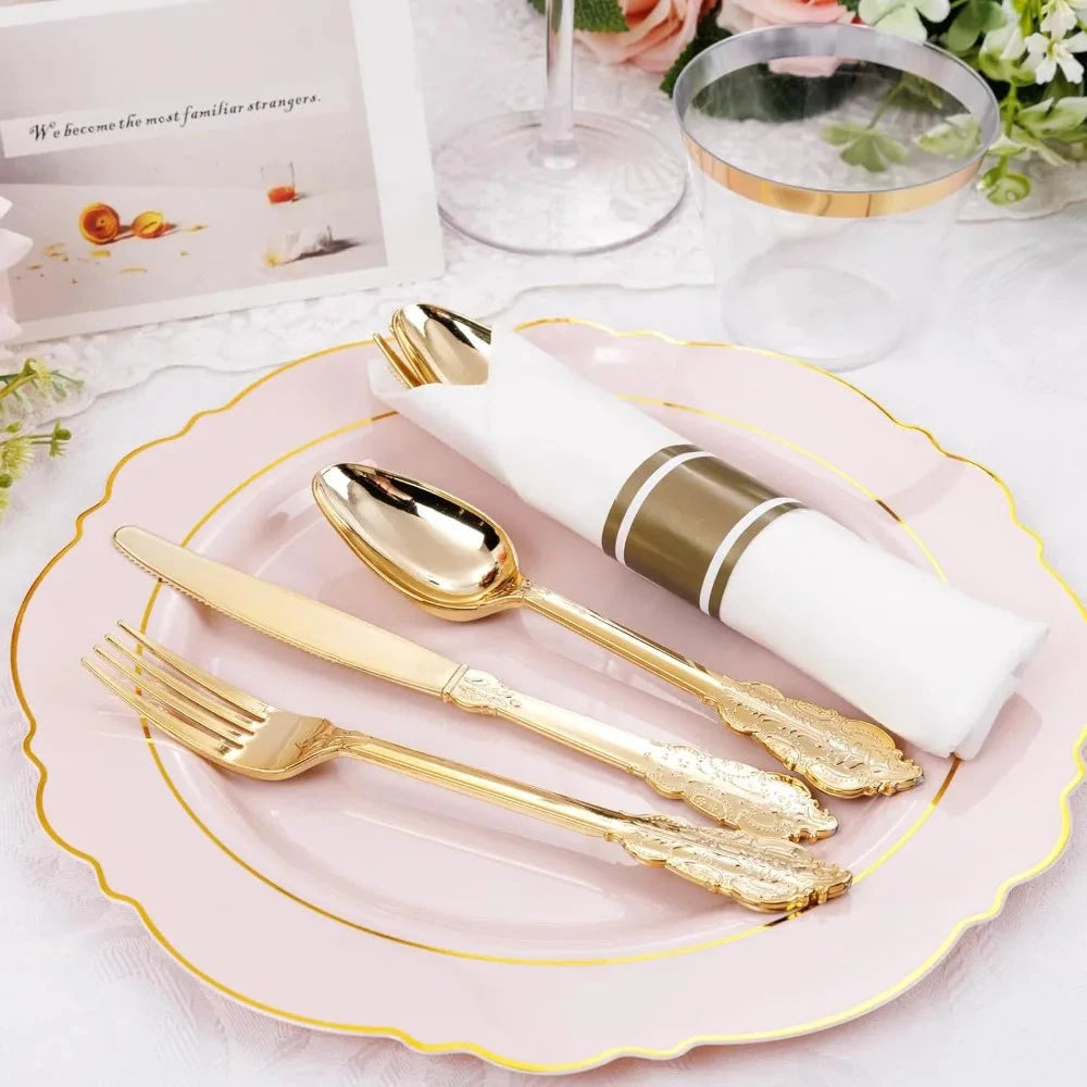 350PCS Pink Plates Disposable-50guest Baroque Plastic Dinnerware include 100Plates,50Pack Pre Rolled Napkins w/Silverware 50Cups Good Vibrations