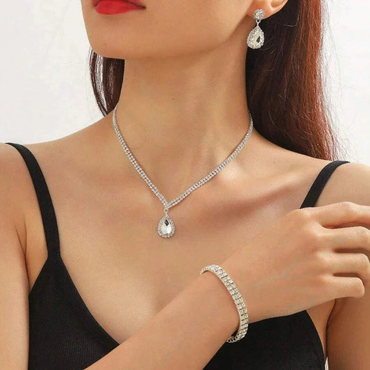 4 Pieces Luxurious Jewelry Set Exquisite Rhinestone Pendant Elegant Women's Crystal Silver Plated Necklace Earrings Bracelet Set Good Vibrations Adult Super Store