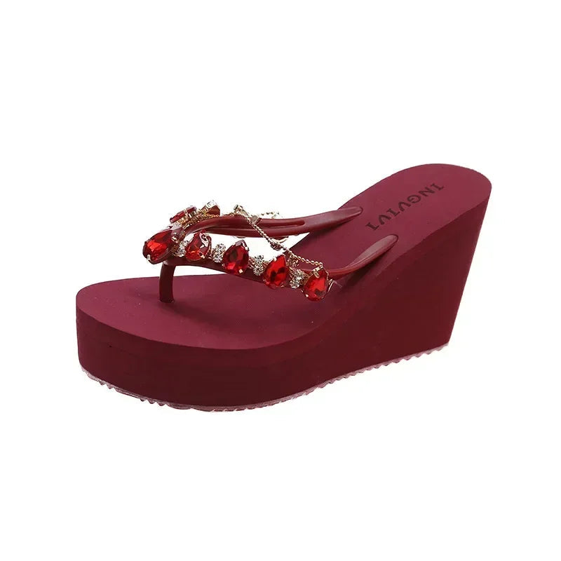 Flip Flops Women New High Heeled Slippers Women Diamond Slope Heel Slippers Elegant Fashion Beach Sandals Womens Sexy Shoes Good Vibrations