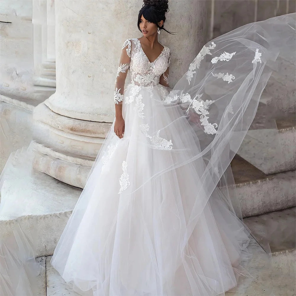 Wedding Party Dress For Women V Neck Full Sleeves Bridal Gowns Elegant A Line Botton For Women Customize Measure Stunning