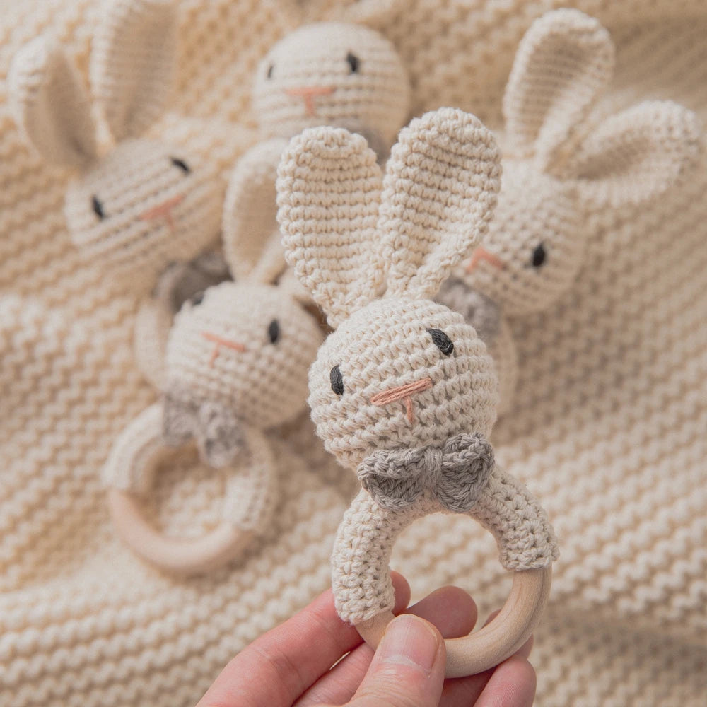 Baby Crochet Rattle Wooden Teether Toy BPA Free Wood Rodent Rabbit Rattle Baby Mobile Play Gym Newborn Educational Music Toys Good Vibrations