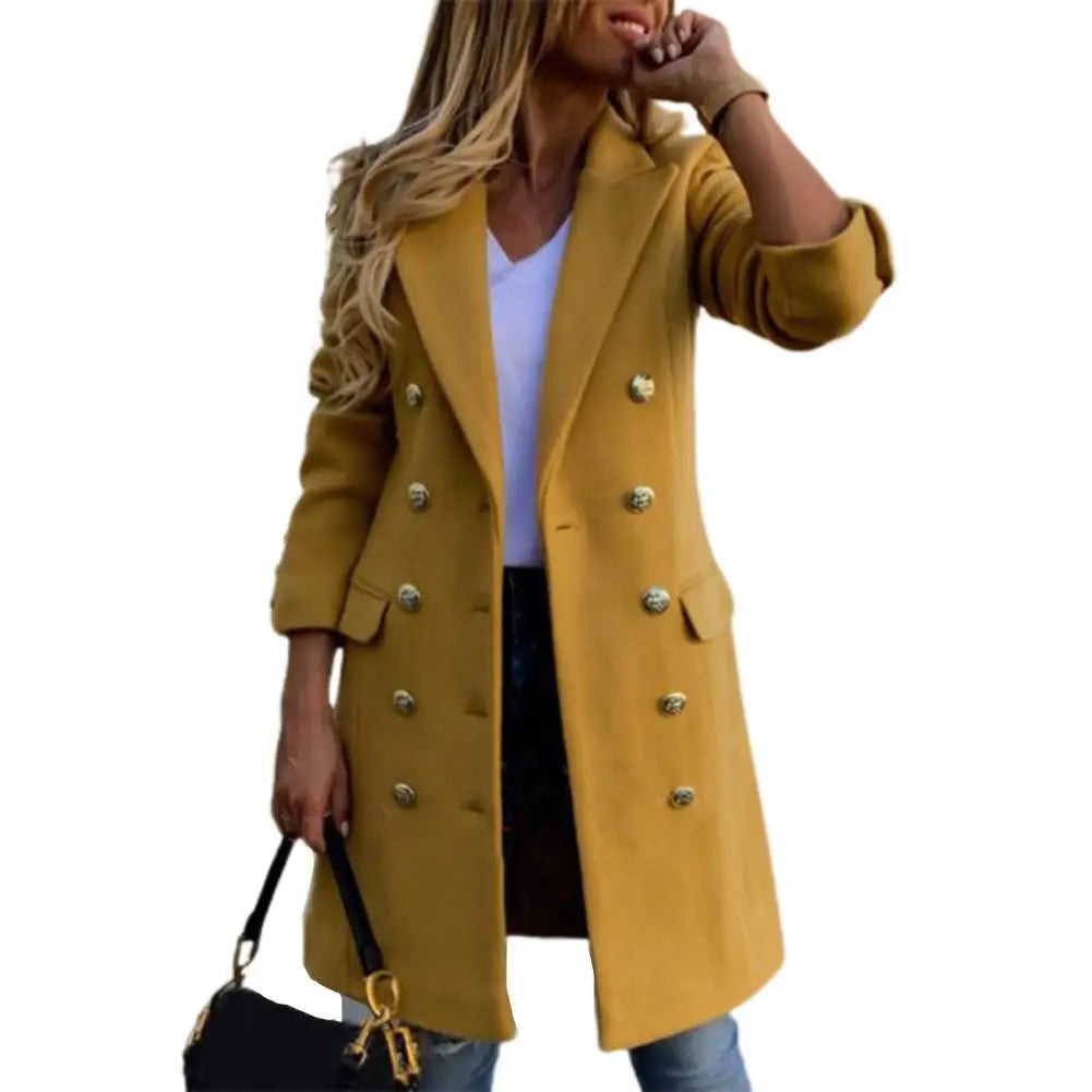 Women Wool Coat Autumn Winter Long Sleeve Pure Color Turn-Down Collar Double-breasted Women Overcoat Women Greatcoat Outerwear Good Vibrations