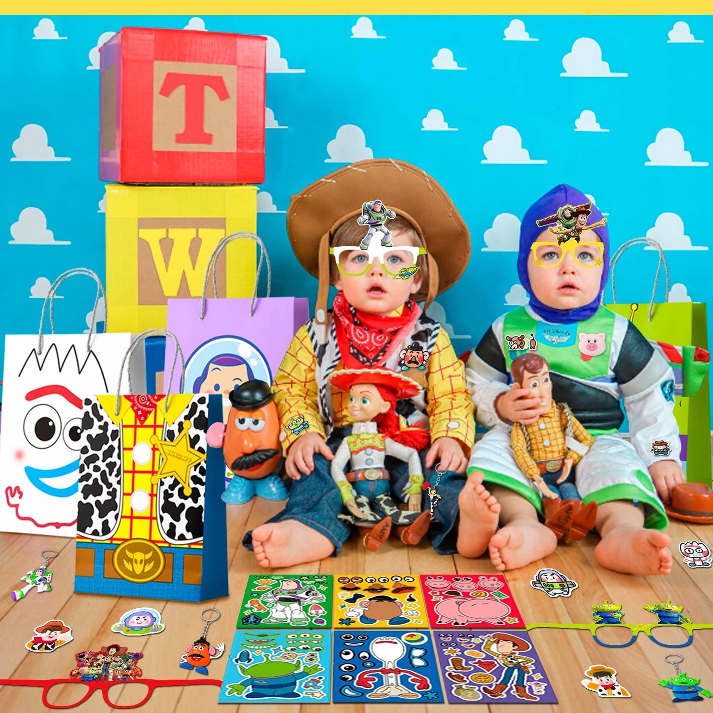 Cartoon Party Favors for Kids, 50pcs Cartoon Birthday Party Favors Set- Cartoon Goodie Bags Key Chains Stickers Photo Props etc Good Vibrations