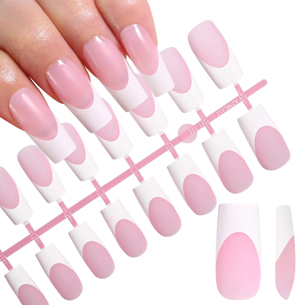 120pcs Pink French Tip Press-On Nails Medium Length Square Shape With Glossy Finish False Nails Full Cover Pre-Shaped Fake Nails Good Vibrations
