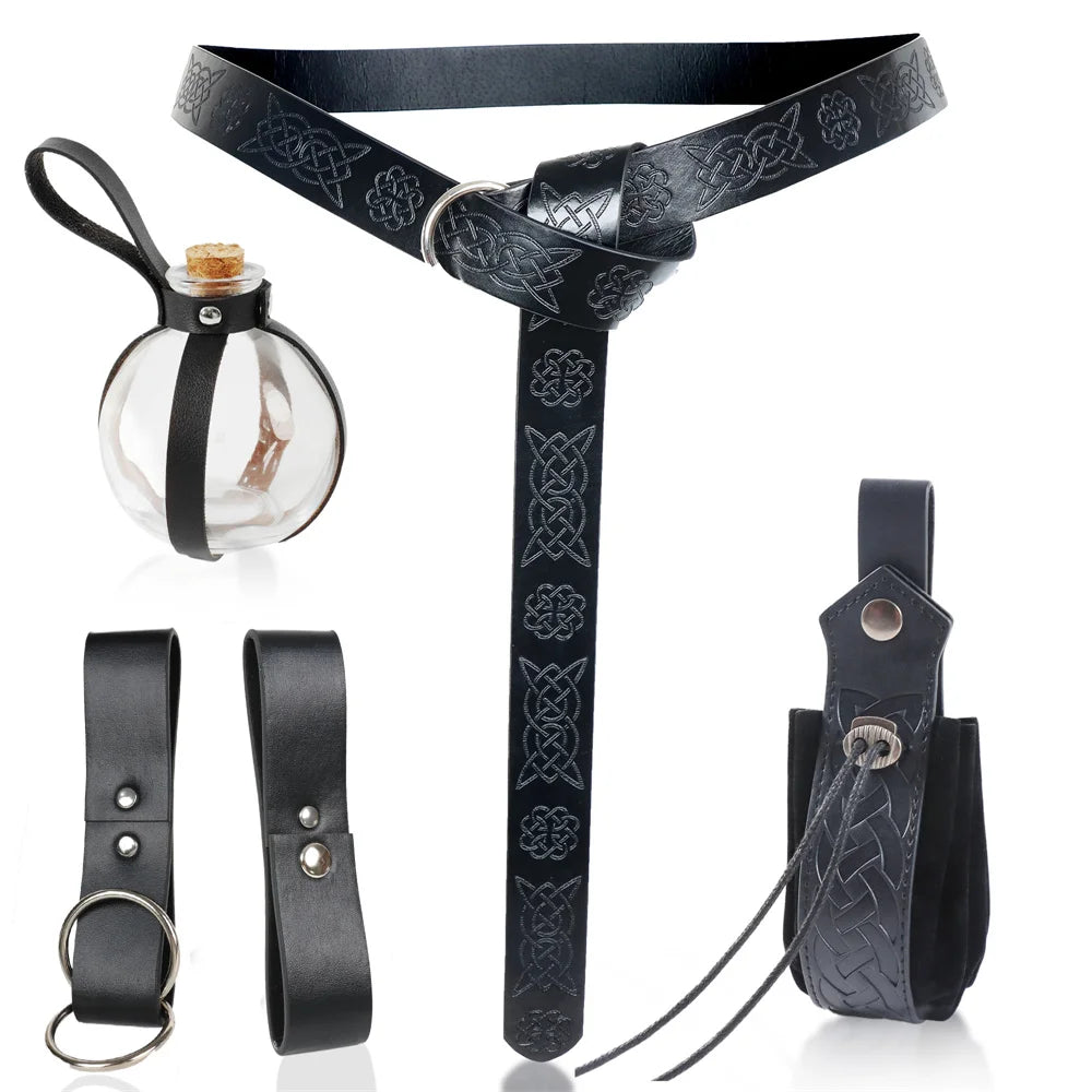 Halloween Costume Accessory Set with Medieval Belt Without Glass bottles and Punching Detail for Renaissance Fairs Good Vibrations