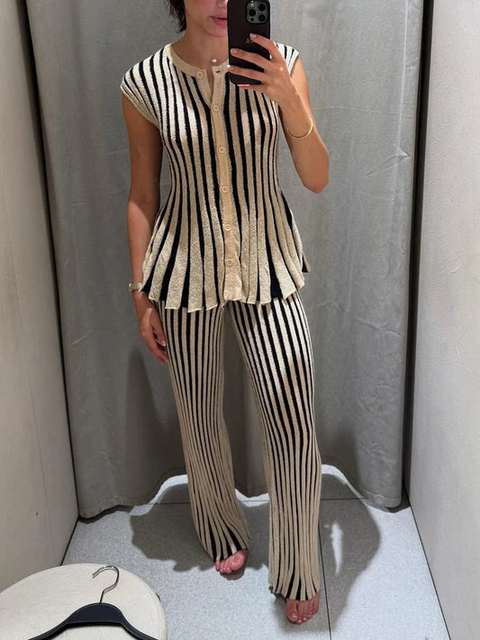 TWOTWINSTYLE Striped Loose Two Piece Set for Women O Neck Sleeveless Top High Waist Wide Leg Pants Casual Sets Female Sumemr New Good Vibrations