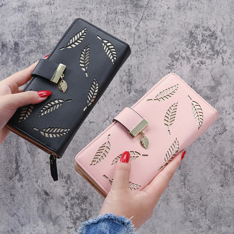 2024 new women's purse sweet lady PU leather horizontal zipper women's medium long hollow leaf purse Good Vibrations
