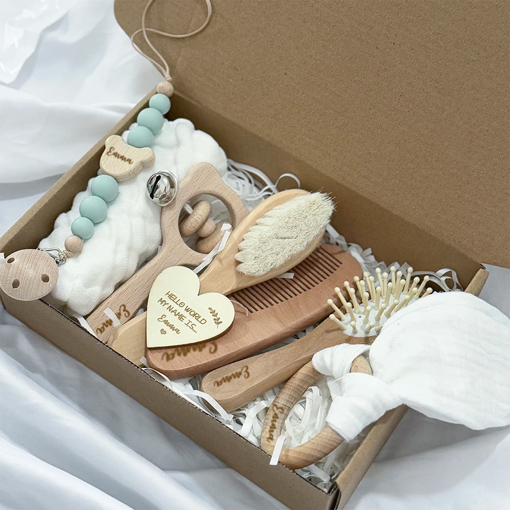 Baby Gift Box 8pcs with Personalized Name,Natural Wood Teether Rattle Set,Custom Baby Toy,Baby Name Announcement Baby Brush Good Vibrations