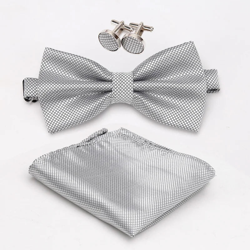 Men Bowtie Set 3pcs Plaids Classic Fashion Wedding Party Formal Cufflinks Bow Tie Handkerchief Cuff Links Lots Three Piece Set Good Vibrations