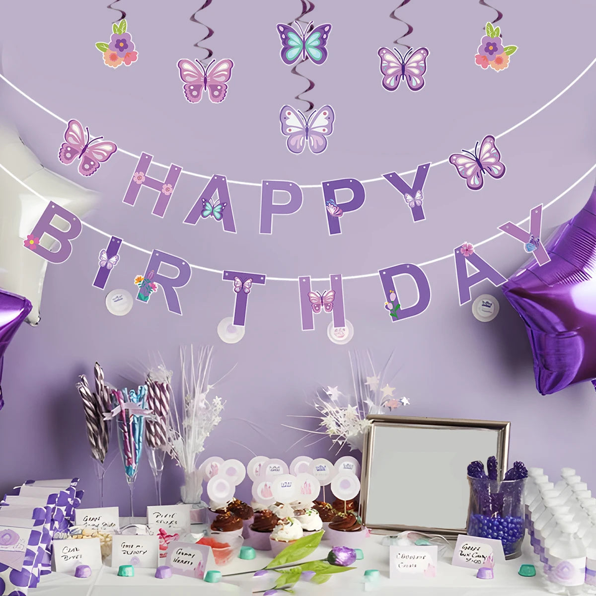 Pink Happy Birthday Banner With Butterfly Dancing Hanging Pendant Garlands  Girls Princess 1st Happy Birthday Party Decorations Good Vibrations